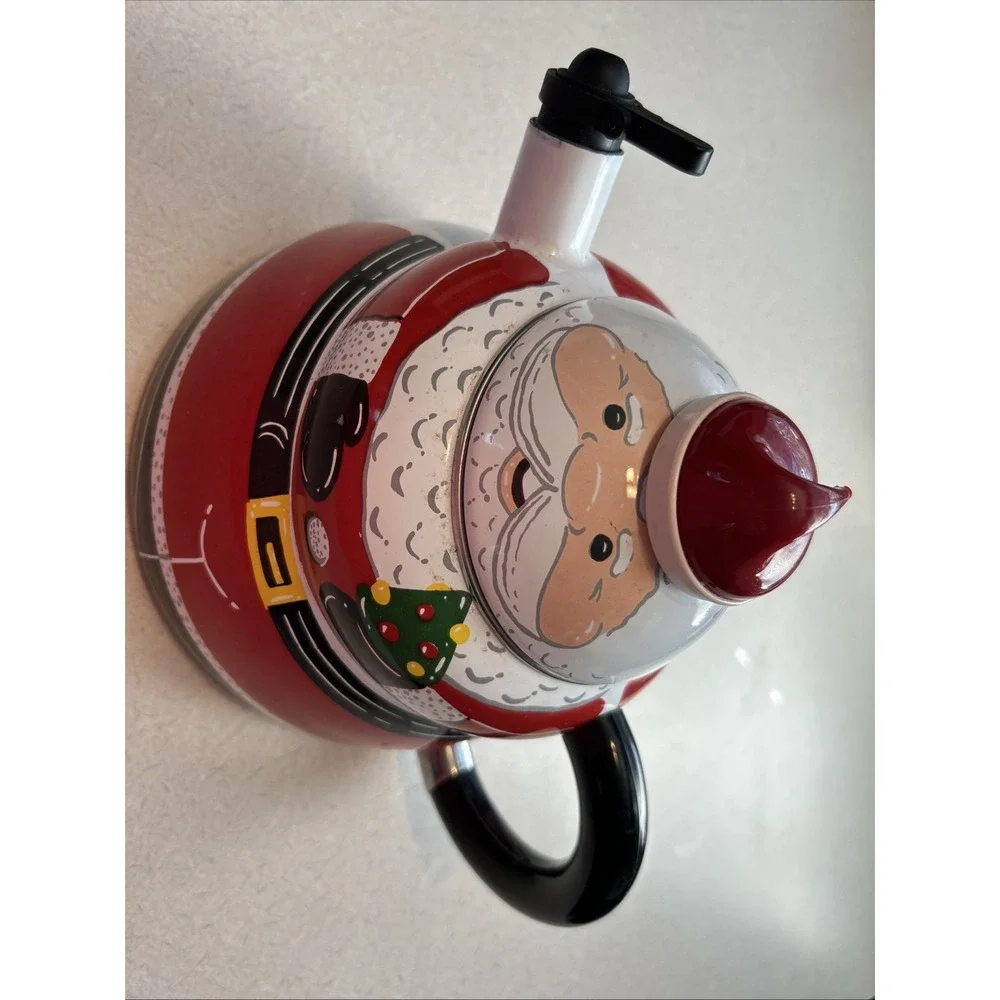 ROSHKO PORCELAIN Enamel on Steel Santa StoveTop Whistle Kettle Pot 3QT Christmas